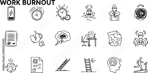 Work Burnout Line Icons Set: Stress, Fatigue, Overwork, and Exhaustion Symbols