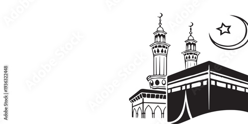 Islamic Holy Site Kaaba and Minarets with Crescent Moon and Star.
