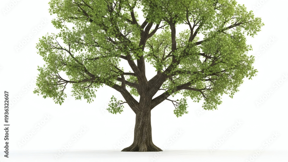 Obraz premium Majestic and vibrant green tree with dense foliage and a robust brown trunk, standing tall and isolated on a clean white background, embodying nature's strength, growth, and environmental beauty.