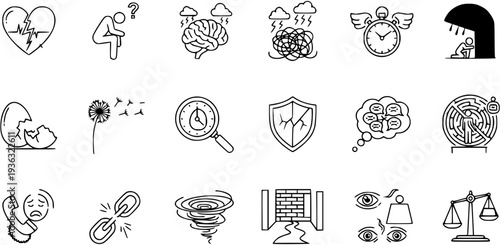 Mental Health  Stress Line Icons: Emotions, Challenges  Life Problems
