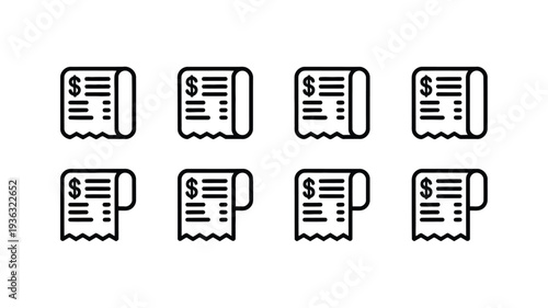 Receipt icons in black line style for business and finance use