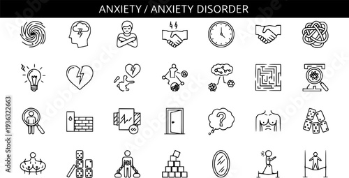 Anxiety Disorder Symptoms  Concepts Line Icons Set. Mental Health Stress Collection.