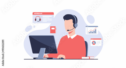 Customer service representative with headset working at computer providing support.