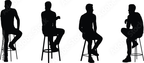 Men sitting on bar stools silhouette vector set in various relaxed poses for cafe and restaurant