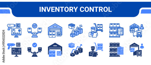 Inventory Control Icon Collection,  featuring Inventory Tracking, Inventory Balance, Warehouse Stock, Stock Optimization, Goods Handling, Retail Inventory, Supply Chain.