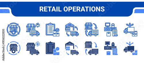 Retail Operations Icon Collection,  featuring Store Operations, Store Replenishment, Order Fulfillment, Retail Logistics, Retail Distribution, Point of Sale, Product Distribution.