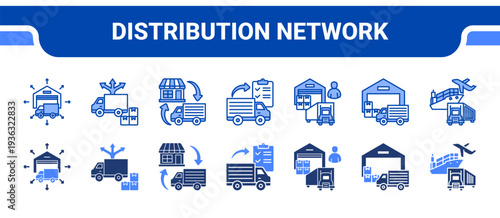 Distribution Network Icon Collection,  featuring Distribution Network, Product Distribution, Retail Distribution, Logistics, Supply Chain, Warehouse, Transportation.