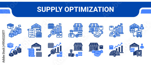 Supply Optimization Icon Collection,  featuring Stock Optimization, Supply Planning, Demand Forecast, Supplier Management, Product Sourcing, Supply Performance, Supply Chain.