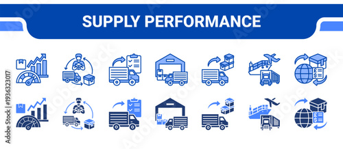 Supply Performance Icon Collection,  featuring Supply Performance, Supply Chain, Logistics, Warehouse, Distribution, Transportation, Trade.