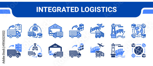 Integrated Logistics Icon Collection,  featuring Logistics, Supply Chain, Warehouse, Distribution, Transportation, Port, Global Trade.