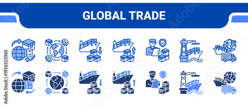 Global Trade Icon Collection,  featuring Trade, Global Trade, Import, Export, Customs, Port, Trade Hub.