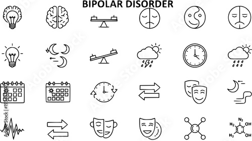Bipolar Disorder Icons Set. Mental Health Illness Symptoms Line Art