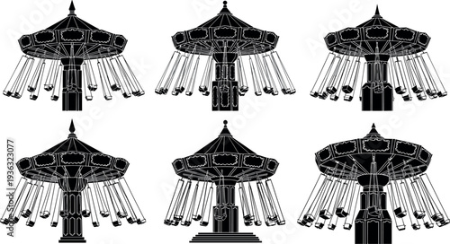 Carousel swing ride silhouettes set, amusement park chair swing attraction vector illustration isolated on white background for fairground entertainment
