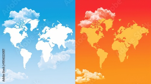 Conceptual Split Illustration of World Map in Blue and Red Skies Symbolizing Global Warming, Climate Change, and Environmental Impact on Earth