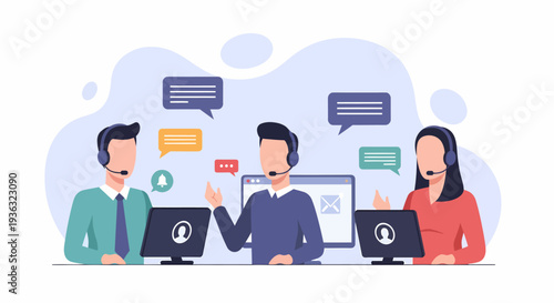 Customer service representatives with headsets providing support and assistance to clients.