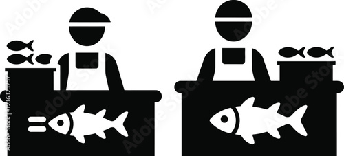 Two chefs preparing fish dishes in a professional kitchen setting isolated on white background, Vector, illustration