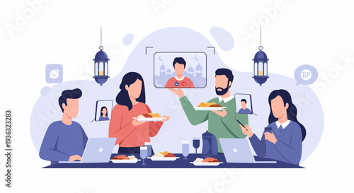 Family and friends celebrate holiday with virtual video call dinner party.