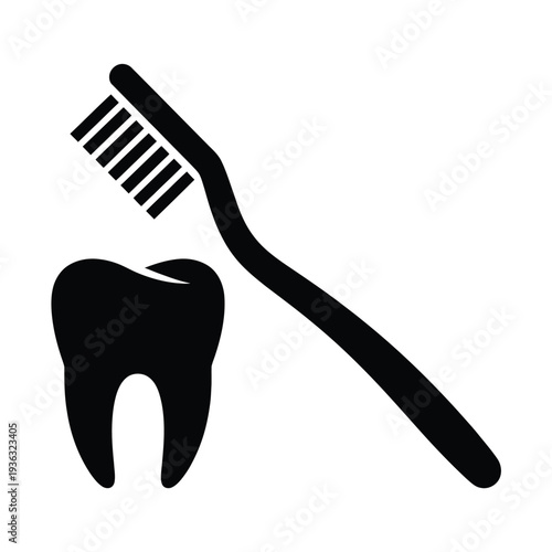 A black and white icon of a toothbrush and a tooth. isolated on white background, Vector, illustration