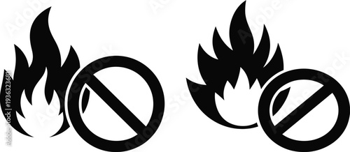 Two crossed out flames symbolizing prohibition or restriction of fire or burning isolated on white background, Vector, illustration