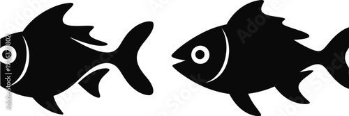 Two stylized black fish with white eyes and mouths open facing each other isolated on white background, Vector, illustration
