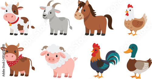 Cute Farm Animals Cartoon Set – Cow, Goat, Horse, Chicken, Sheep, Duck Vector Illustration