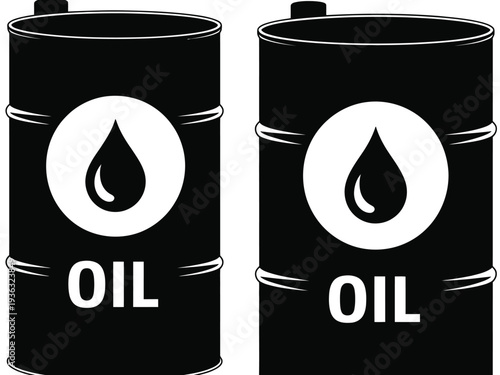 Two black containers with oil symbols and the word oil written on them isolated on white background, Vector, illustration