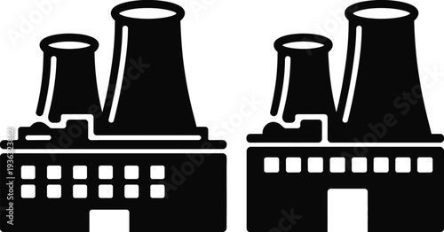 Two industrial factories with tall chimneys and complex structures in black and white isolated on white background, Vector, illustration