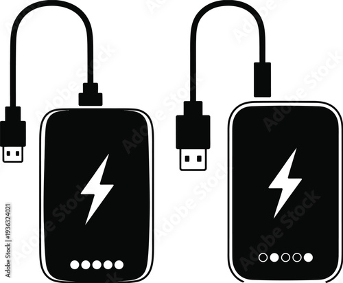 Two black power banks with lightning bolt symbols and usb cables connected to them isolated on white background, Vector, illustration