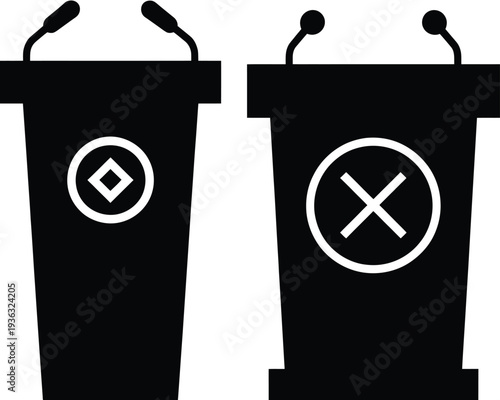 Two black trash bags with circular symbols, one with a checkmark and the other with an x. isolated on white background, Vector, illustration