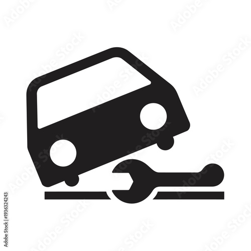 A black and white icon of a car being repaired by a mechanic with a wrench. isolated on white background, Vector, illustration