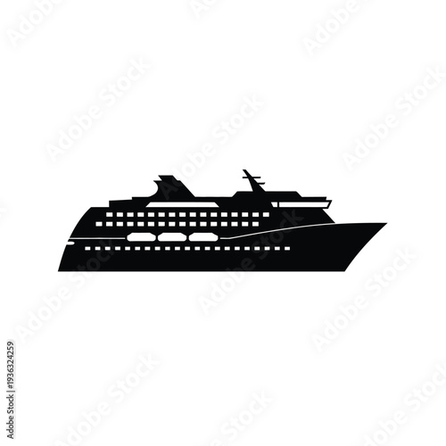 A sleek black cruise ship sailing on the open sea under a clear blue sky isolated on white background, Vector, illustration