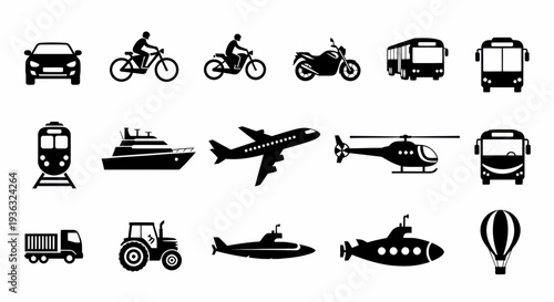 A comprehensive vector illustration set of black silhouette transportation icons featuring a car, truck, train, plane, cargo ship, and military tank isolated on a white background