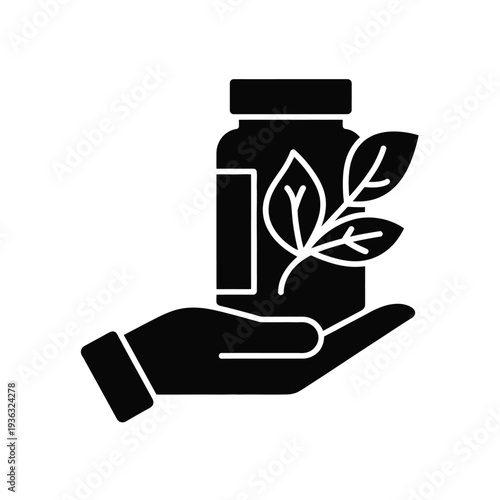 Hand holding a jar with a green leaf on top, symbolizing nature and sustainability. isolated on white background, Vector, illustration