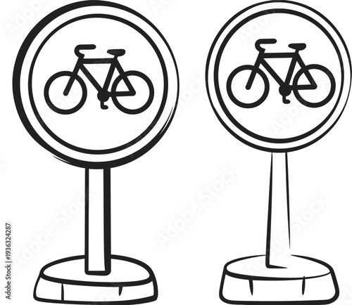 Two bicycle signs on poles with a blue background and white bicycle icon. isolated on white background, Vector, illustration