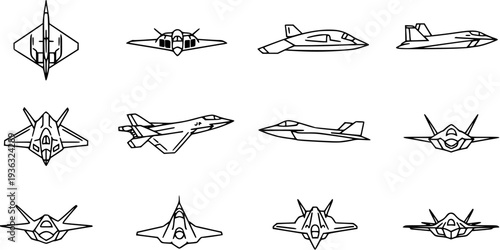 Collection of Futuristic Stealth Fighter Jet Line Art Silhouettes