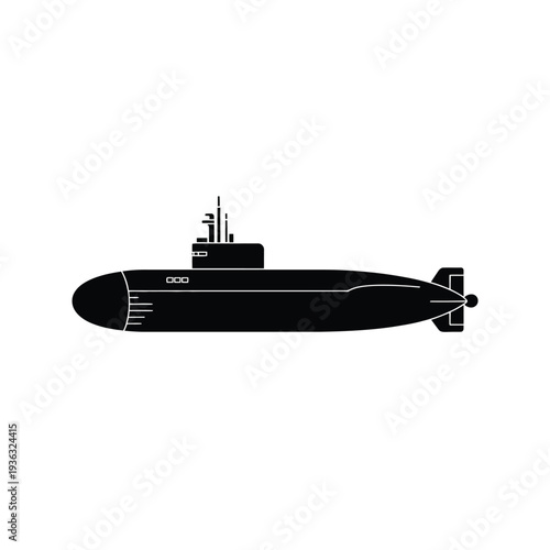 A sleek black submarine glides silently through the deep blue ocean waters isolated on white background, Vector, illustration