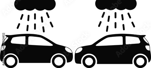 Two cars parked under a rain shower with different weather conditions above each. isolated on white background, Vector, illustration
