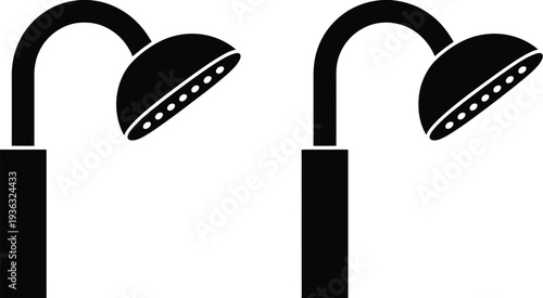 Two shower heads mounted on a wall with water droplets falling from each isolated on white background, Vector, illustration