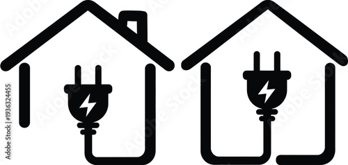Two houses with electrical plugs symbolizing smart home technology and energy efficiency. isolated on white background, Vector, illustration