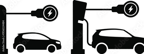 Electric vehicles charging at a station with different charging times indicated isolated on white background, Vector, illustration