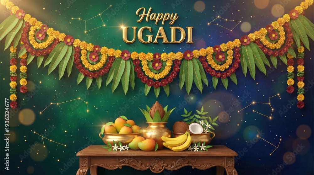 Fototapeta premium Happy Ugadi Festival Celebration Banner with Floral Decorations, Mango Leaves, Traditional Sweets, and Festive Wishes for Social Media Poster Design