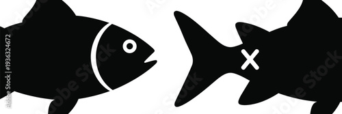 Two black silhouettes of fish facing each other with a circle and cross isolated on white background, Vector, illustration