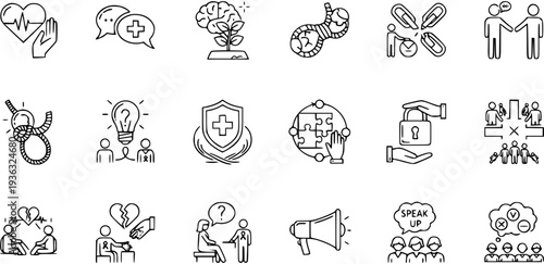 Mental Health, Therapy, Support, and Social Awareness Line Icons