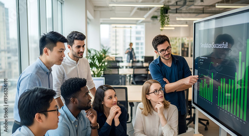 Diverse business team collaborates on data analysis and project success in a modern office environment