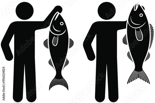 Two people holding up a large fish between them, while a snake is wrapped around one of them. isolated on white background, Vector, illustration