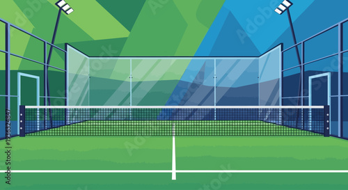 Modern flat vector padel court with abstract geometric background, perfect for sports and lifestyle themes