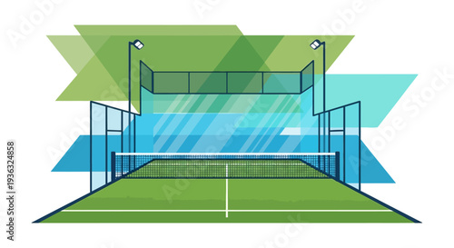 Modern flat vector illustration of a padel court, showcasing a clean geometric design with vibrant green and blue tones and lighting