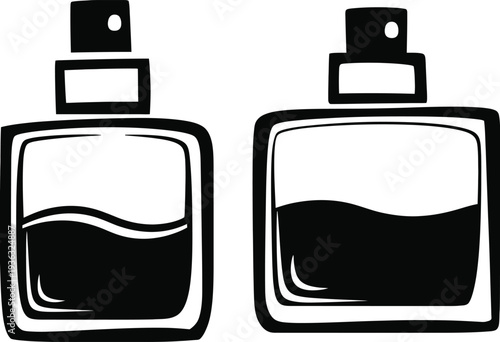 Two bottles of different colored liquids, one black and one clear, with spray nozzles. isolated on white background, Vector, illustration