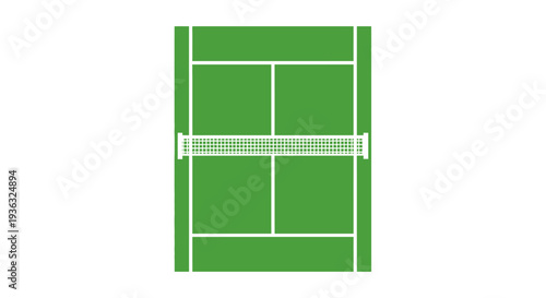 Vibrant green tennis court vector illustration with white lines and net, perfect for sports graphics, athletic event designs, and digital art projects