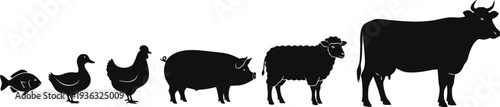 Farm Animal Silhouette Set – Fish Duck Chicken Pig Sheep Cow Black Vector Icons